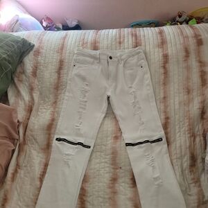 White Distressed Jeans with Zipper Accents Women's 12 (Men's Size 32)